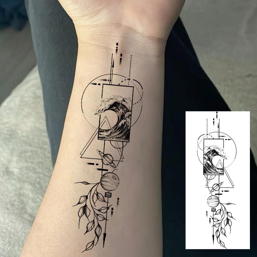 1 Sheet Geometric Planet Mountains Temporary Tattoos For Women Men Forearm Foot, Waterproof Long Lasting Realistic Tatoo Sticker