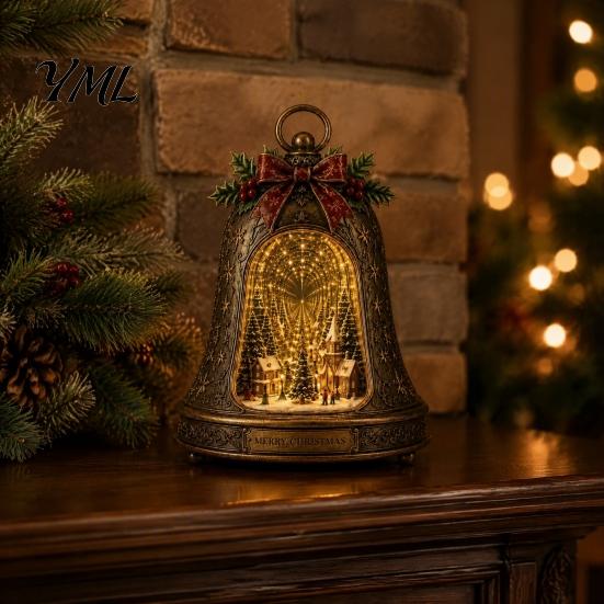 Holiday Shelf Display Christmas Village Infinity Bell Ornament, Vintage Glowing Rotating Snow Scene Decor Indoor Accessories with Angel Wreath Heart,