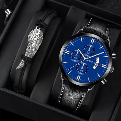 Fashion Business Belt Three Eyes Calendar Quartz Watch Men'S Trend Personality Casual Simple Men'S Feather Bracelet Watch