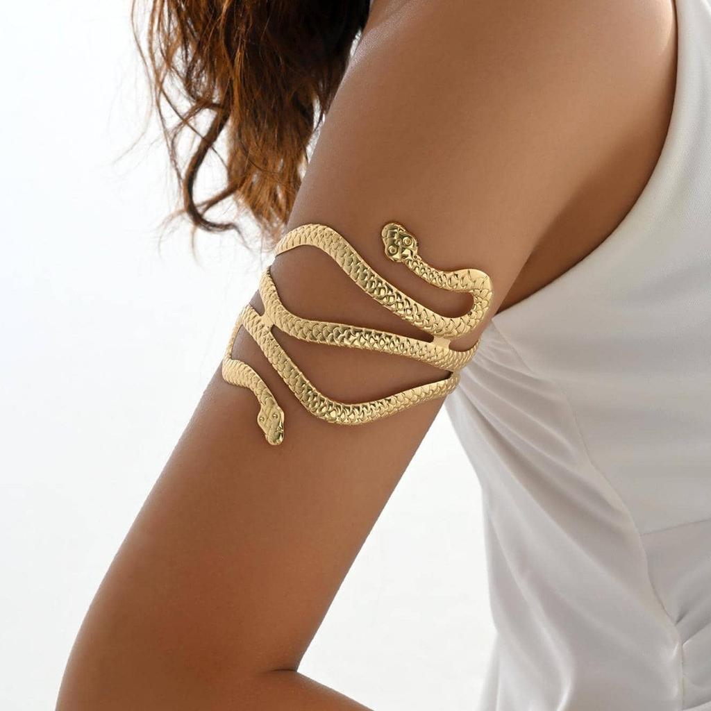 Fashion Personalized Snake Head Arm Ring Bracelet, Adjustable Metal Exaggerated Opening Snake-Shaped Winding Hand Jewelry