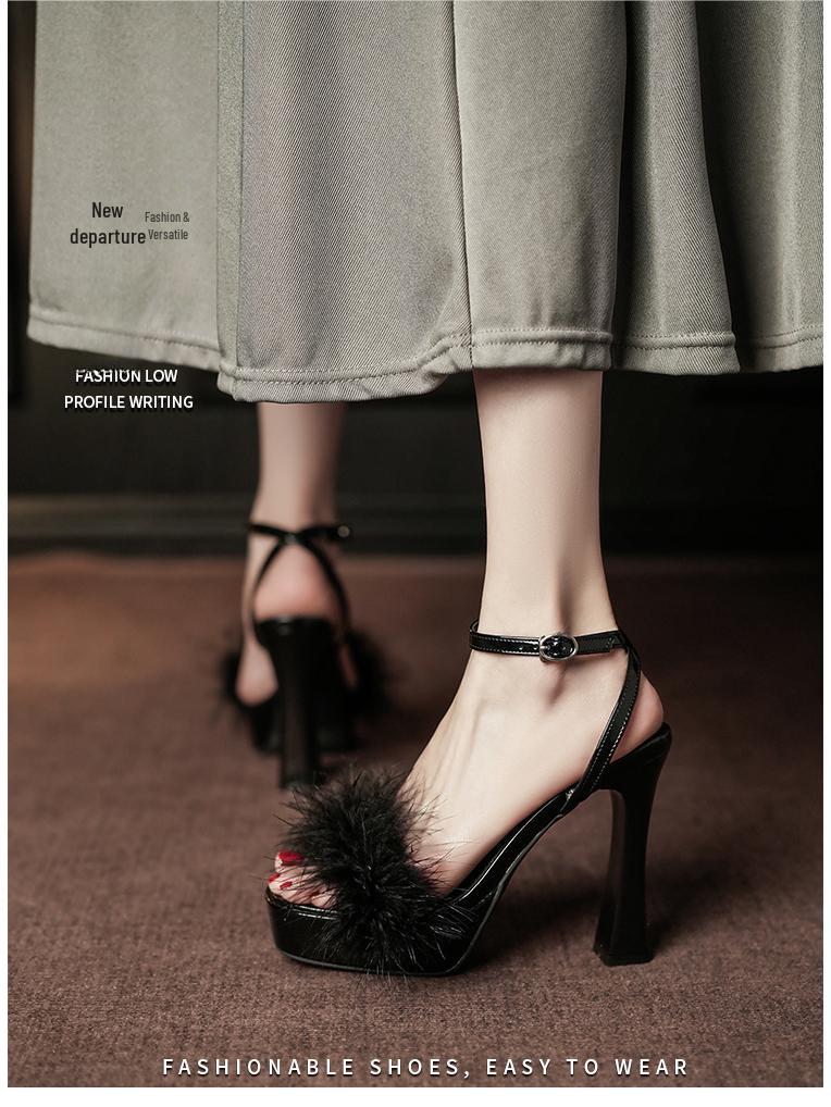 9696-1 Women's Fairy Style Temperament High Heel Sandals with Furry Strap and Thick Heel