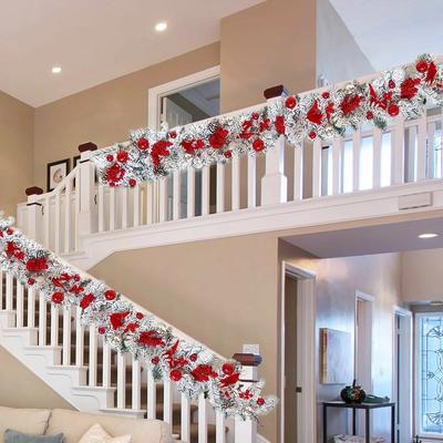 3.9ft Christmas Garland for Front Door, Christmas Flocked Pine Needles Red Berry Pine Cone Balls Garland Ornament for Xmas Party Holiday Home Decor