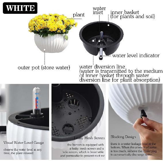 1 Pack 8.3 Inch Round Self Watering Hanging Basket,Metal Hanging Planter Imitation Ceramic Plastic Flowerpot,Modern Decorative Planter Pot for for