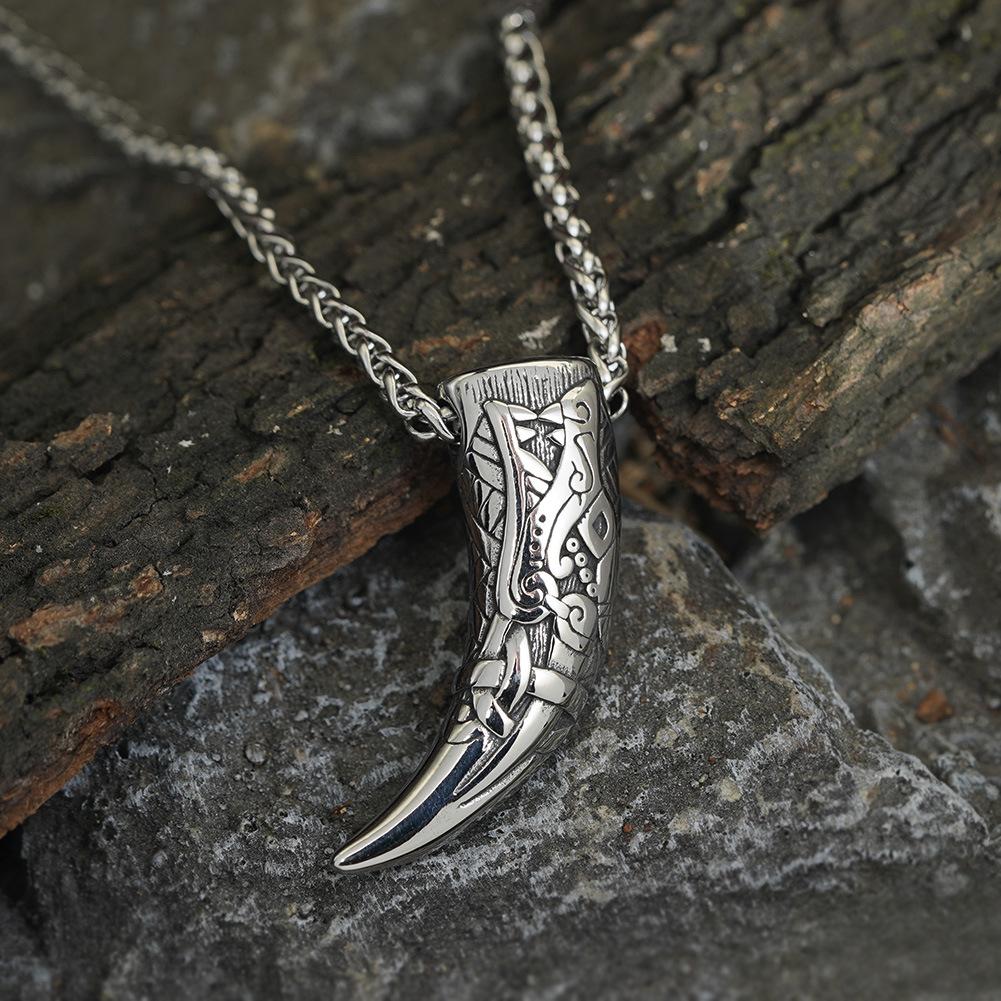 Vintage Titanium Steel Viking Necklace Men Nordic Mythology Wolf Teeth Amulet Jewelry Spiritual Gift for Men