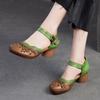 Retro Handmade Genuine Leather Sandals Hollow Out Breathable Printed Women's Heel Shoes