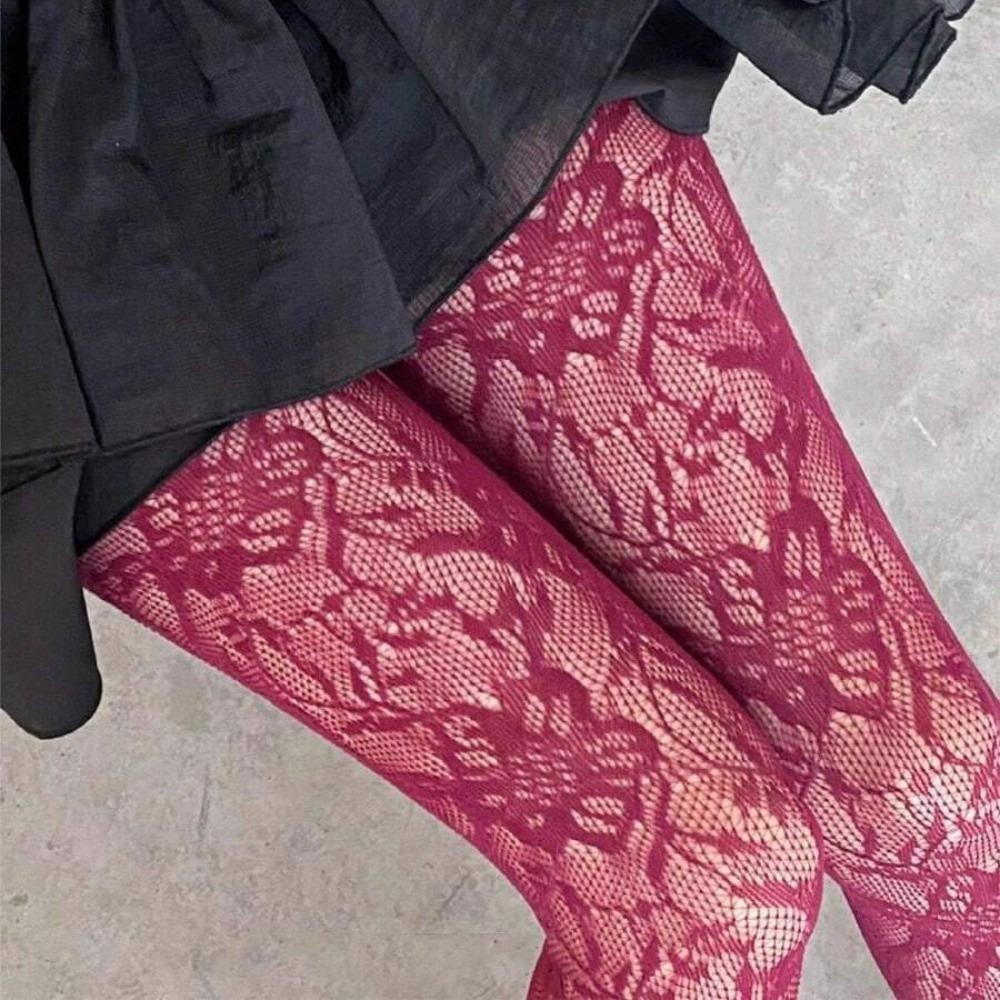 

Breathable Floral Lace Tights Sexy Fishnet Stockings Gothic Hollow Out Pantyhose Daily Wear вина червоного кольору