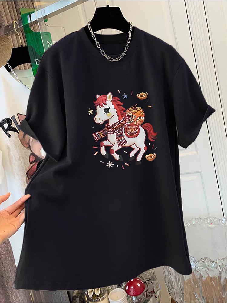Women's Oversized Short Sleeve Cotton T-shirt, Round Neck, Mid-Length, Hip Covering - 2026 Spring/Summer/Autumn Collection