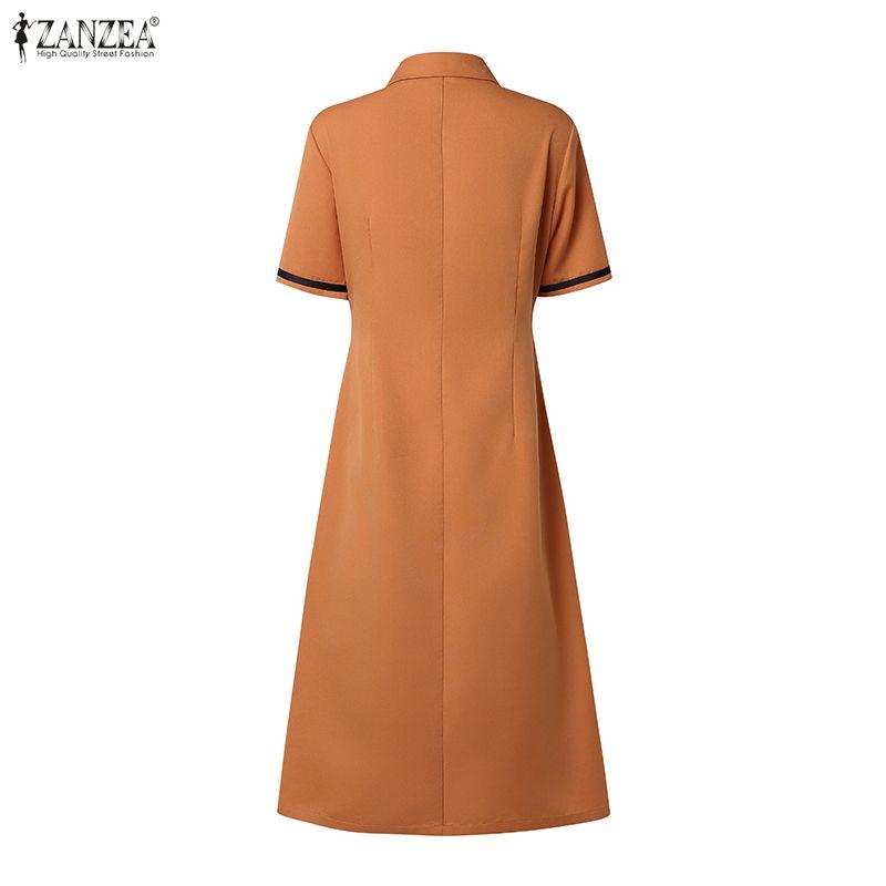 ZANZEA Women Casual Turn Down Collar Solid Color Short Sleeve Elegant Dress