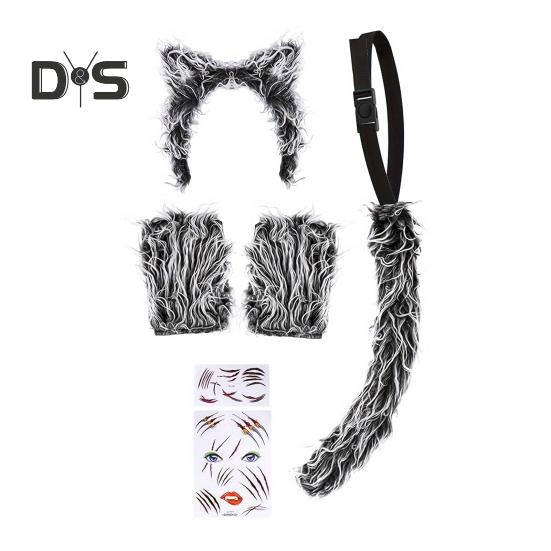Wolf Ear Tail Set Realistic Design Plush Headband Gloves Tail Set Halloween Parties Role-Playing Accessories