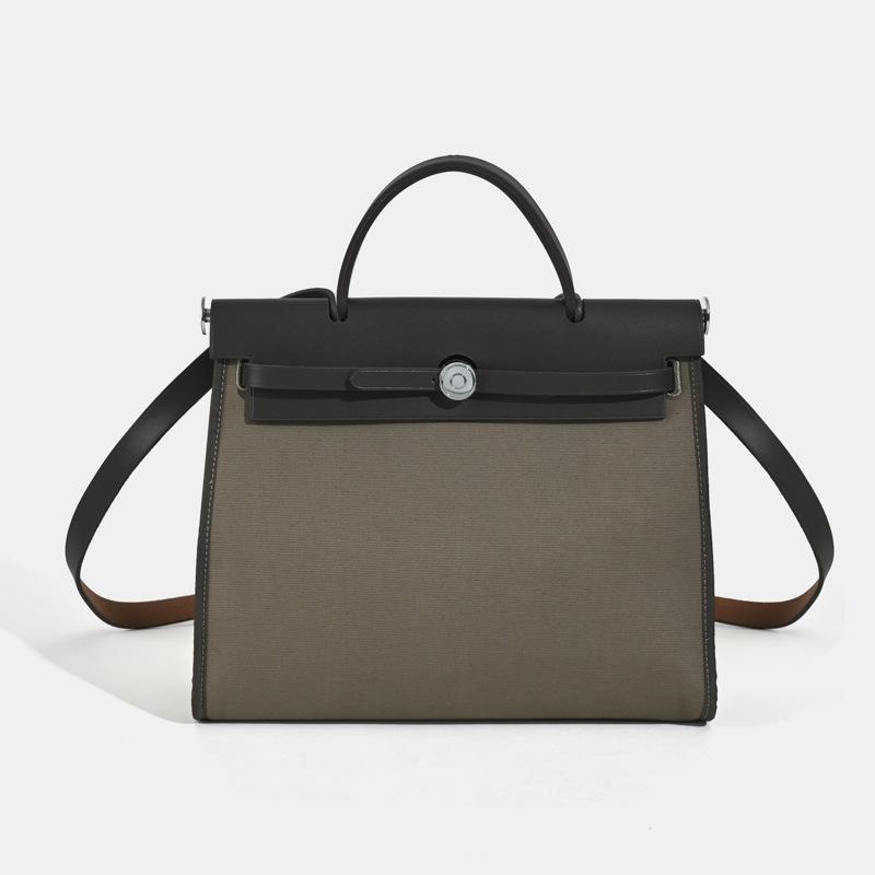 

Bag Cowhide Canvas Color Matching Design Large Capacity Commuter Shoulder Crossbody Bag Handbag 30*10*22cm эбеновый