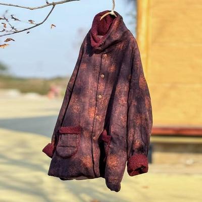 Women Vintage Print Floral Button Winter Coats Pockets Warm Chinese Style Coats