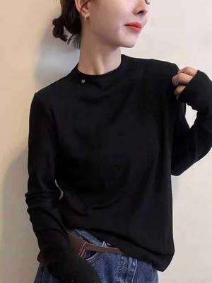 Damen Schwarzes Rundhals Lockeres Langarm-T-Shirt - Trendiges Lässiges Basisteil für Frühling/Herbst 2025.