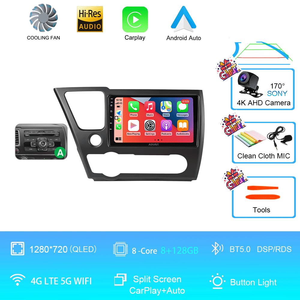 9" QLED 12G 256G Car Radio Android 14 For Honda Civic 9 2013 - 2016 Stereo Wireless Carplay Auto Navigation GPS Multimedia Playe