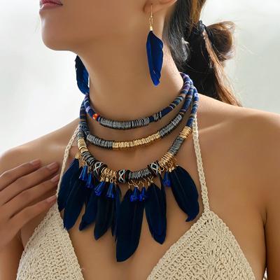 Vintage Ethnic Feather Choker Necklace Earrings Set for Women Multilayer Jewelry