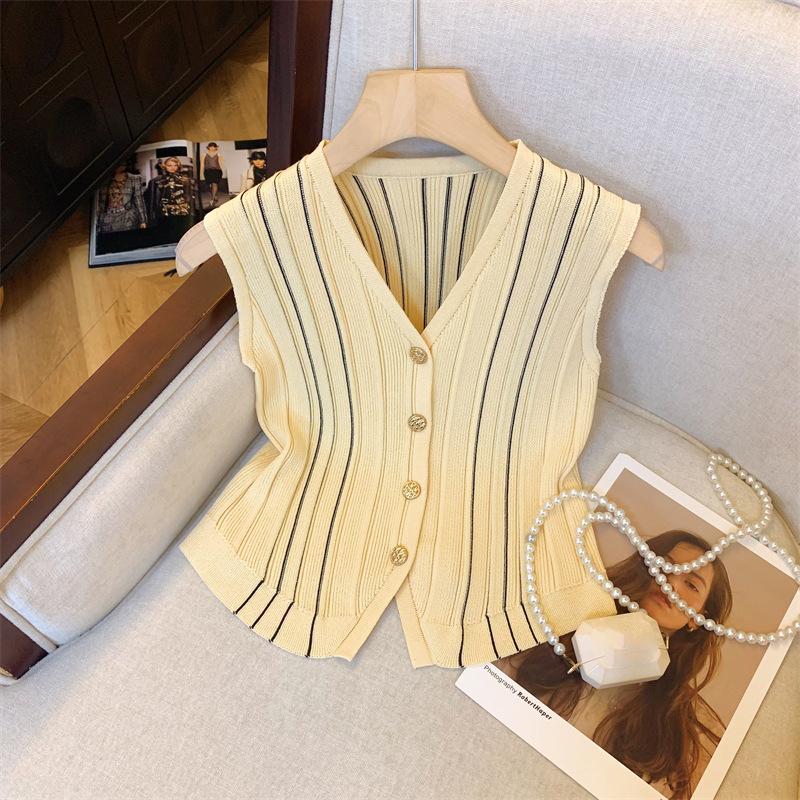 Summer Retro Striped V-Neck Sleeveless Single-Breasted Knitted Vest For Women