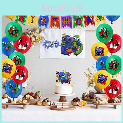 All-in-one Party Supplies Set Includes 26 Pieces Of The Rainbow Friends Theme Including Flags Big And Small Cake Toppers And Mixed Color Balloons.