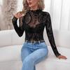 Elegant Mesh Printed Lace Long Sleeve See Through Women Blouse New Fashion Sexy Thin Floral Shirt Spring Black T-shirt Slim Casual Tops Streetwear