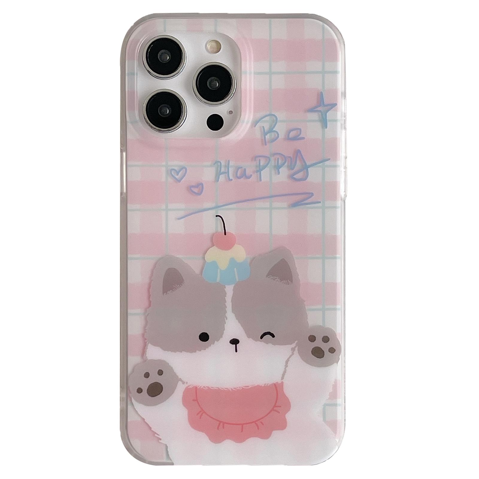 

For iPhone 15 Pro Case Cartoon Animal Pattern Plaid IMD TPU Phone Cover Pink