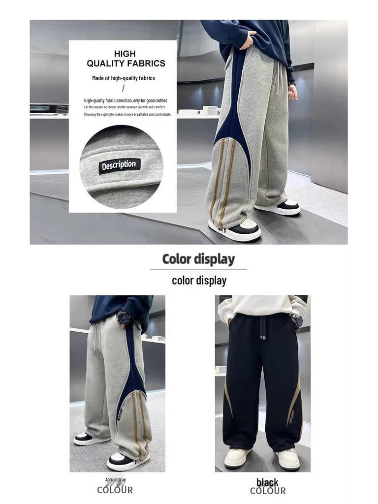 Boys' Thick Fleece-Lined Velvet Sweatpants – Warm Autumn/Winter Pants with Spliced Line Design
