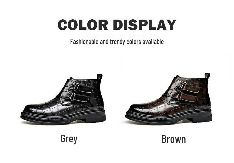 Men's Autumn/Winter Chelsea Leather Boots with Embossed Pattern, Buckle, Plus Velvet Warmth, and Velcro. Short Martin-Style.
