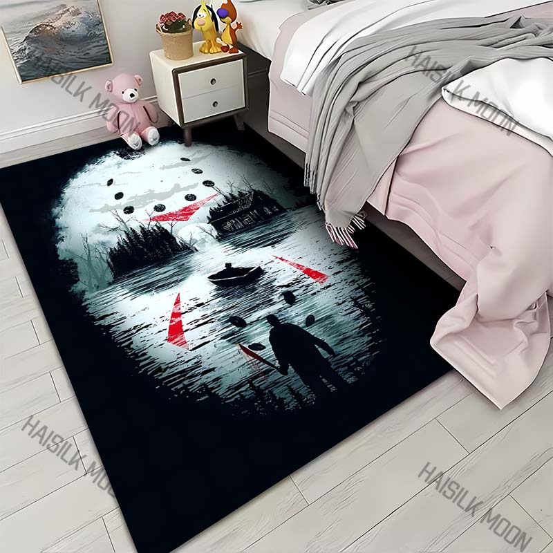 Halloween Themed Horror Mask Man Carpet for Living Room Bedroom Bedside Floor Mat Cloakroom Area Rug Festive Decor Large Size