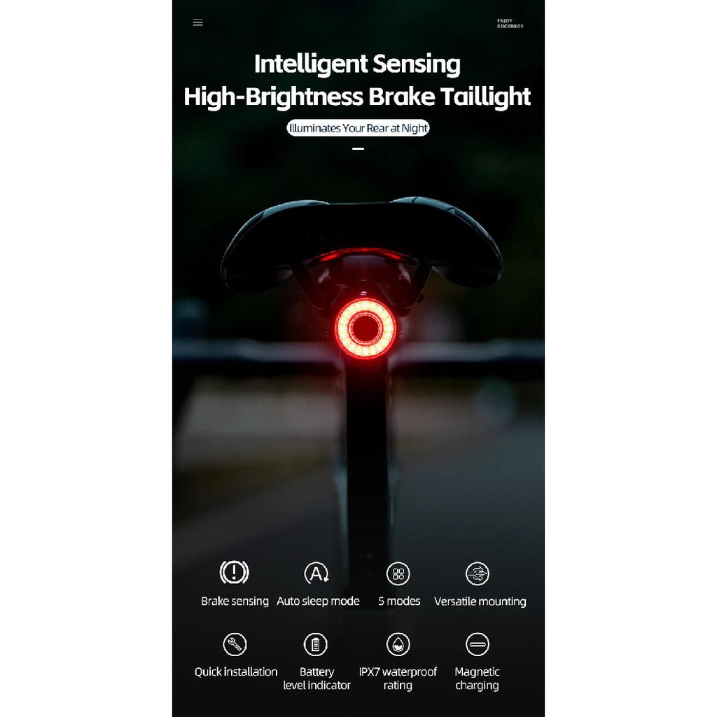 ROCKBROS Smart Bike Tail Light Bicycle Rear Lights IPX6 Waterproof Bike Lights for Night Riding with Type C Rechargeable