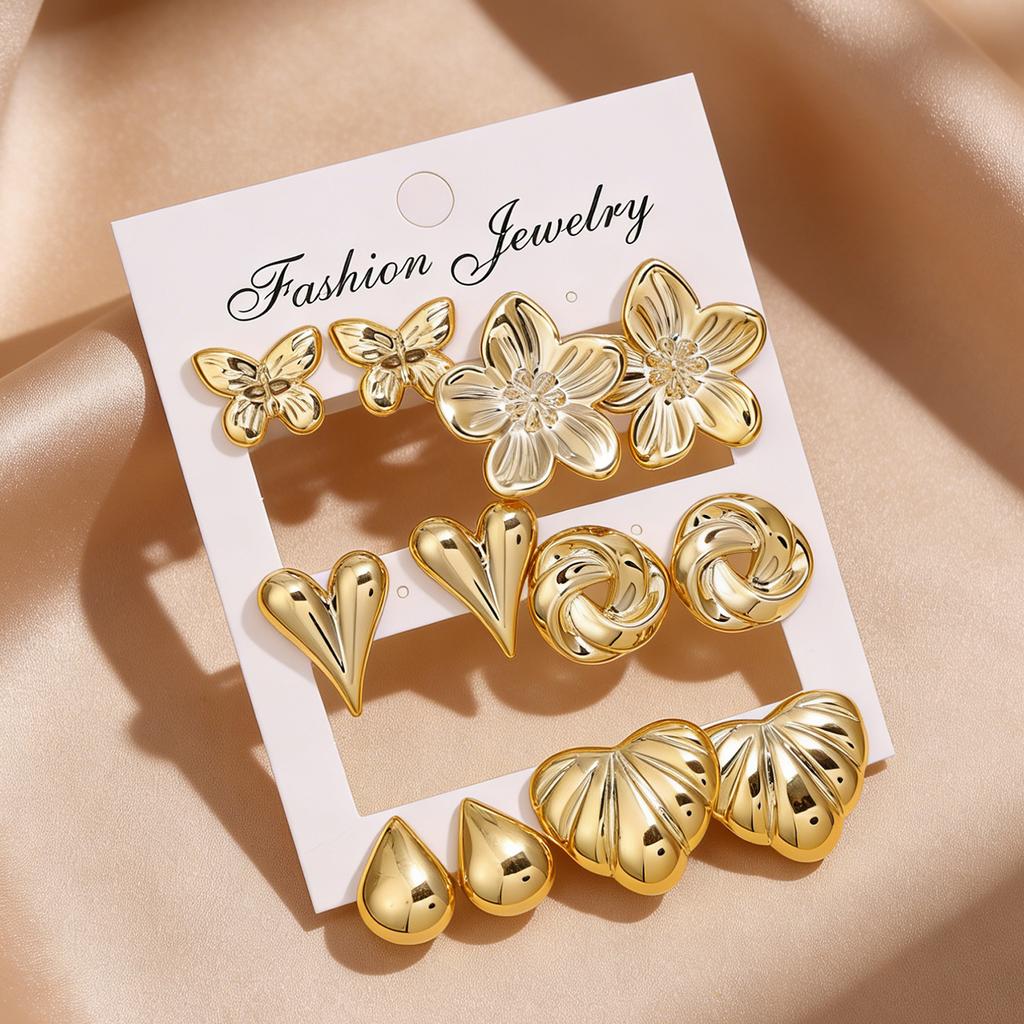 New gold stud earrings set female butterfly flower love water drop shape versatile earrings female