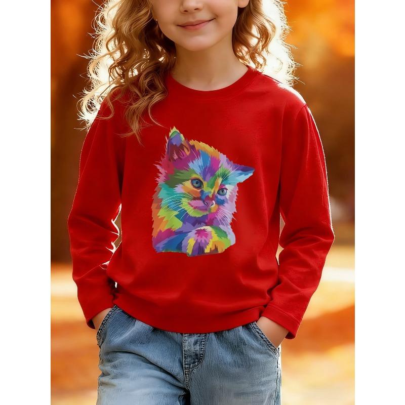European sizes Kids' Long Sleeve Top, Fashion Kids' Long Sleeve T-Shirt, Colorful Cat Print Top, Cute Top, Suitable for Daily Casual