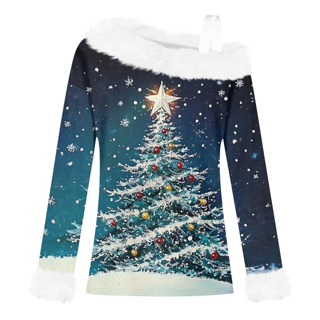 Women's Off-the-shoulder Plush Neck Printed Long-sleeved Pullover T-shirt Top