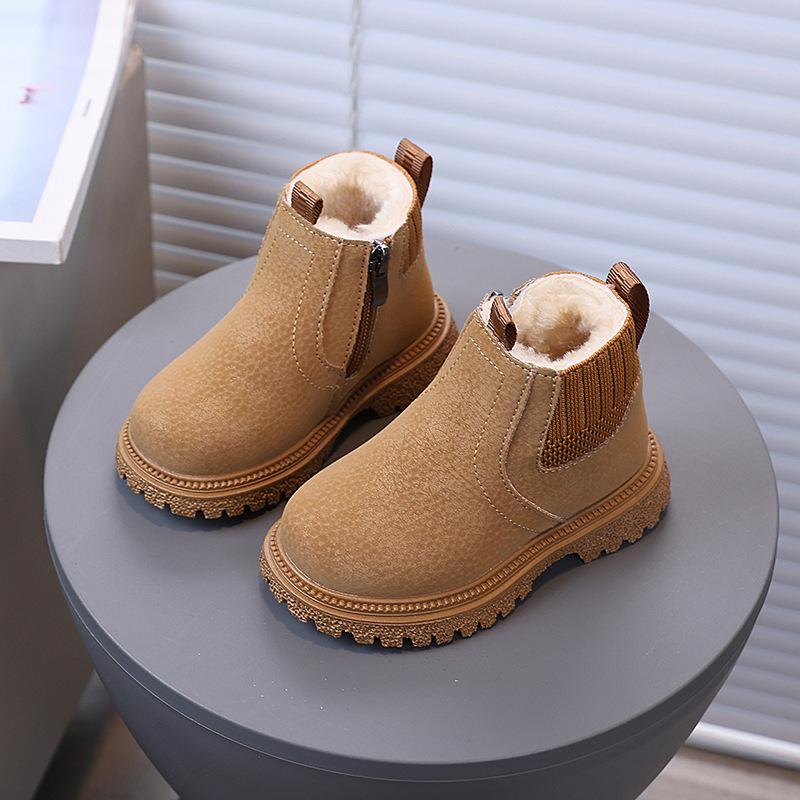 Matte PU Leather Trendy Winter Short Boots for Children Versatile Wear-resistant Chelsea Boots Warm School Shoes Girl Boy I10014