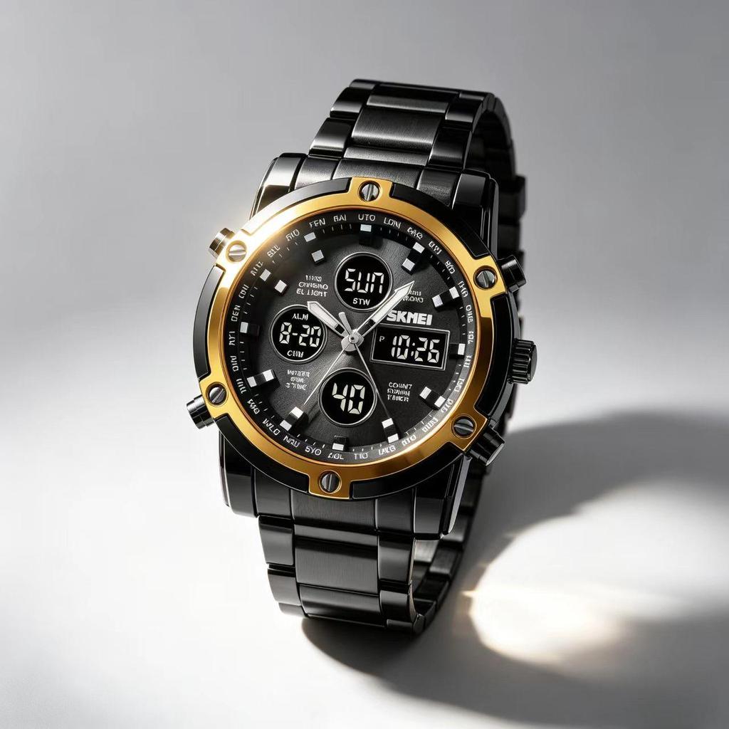 Orologio Digitale da Uomo SKMEI Triplo Fuso Orario Doppio Display Acciaio Inossidabile 1389