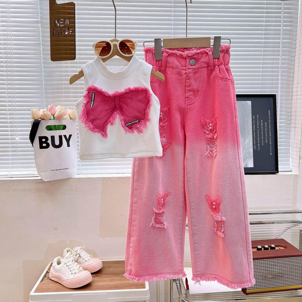 Sommer-Bekleidungsset für Mädchen Mode Kinder Ärmelloses Top+ Ripped Jeans Zweiteiliges Set Babykleidung