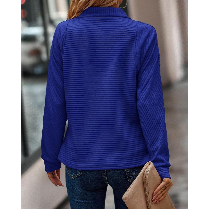 VEZFAA Women's Fashion Casual Spring Autumn Stripe Print Long Sleeve POLO Neck Blouses & Shirts