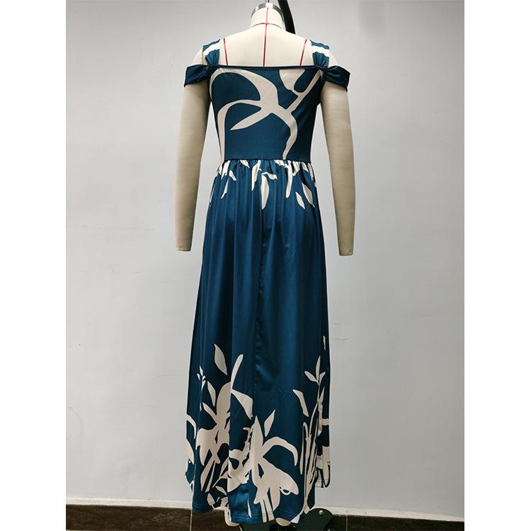 Summer V Neck Print Cold Shoulder High Slit Maxi Dress Elegant Long Evening Sexy Party Dress