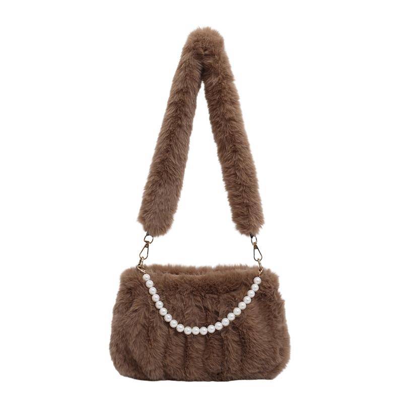 Luxury Faux Fur Underarm Bag Pearl Chain Plush Handbag Fashi Winter Shoulder Bag With Soft Fluffy Pleat Elegant Commuter Bag