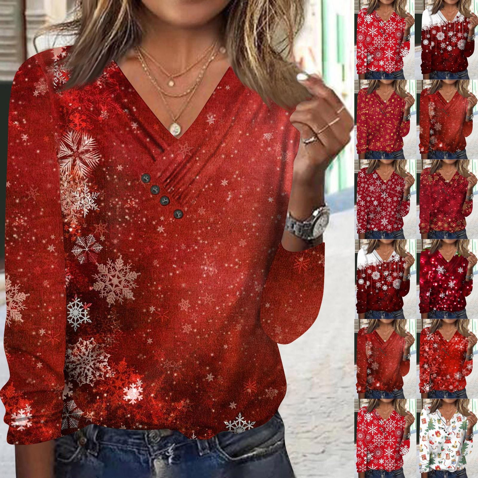 

Женские топы с длинными рукавами, осенние блузки с v-образным вырезом и длинными рукавами, свободный крой на пуговицах, повседневные футболки с рождественским принтом и принтами XXXL