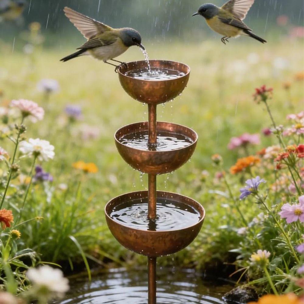 3-Tier Bowl Metal Bird Bath Rusted Bird Feeding Station Garden Rain Catcher Patio Backyard
