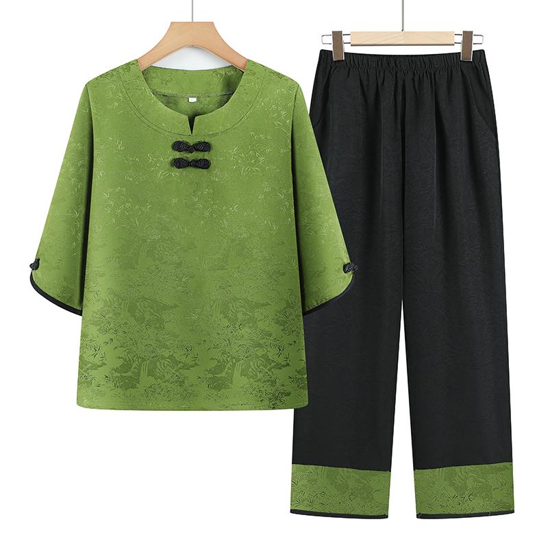 

Spring/Summer Chinese-Style Stand Collar Top & Pants Set for Middle-Aged Women, Plus Size, Loose, Comfortable 2XL (100-115 kg)