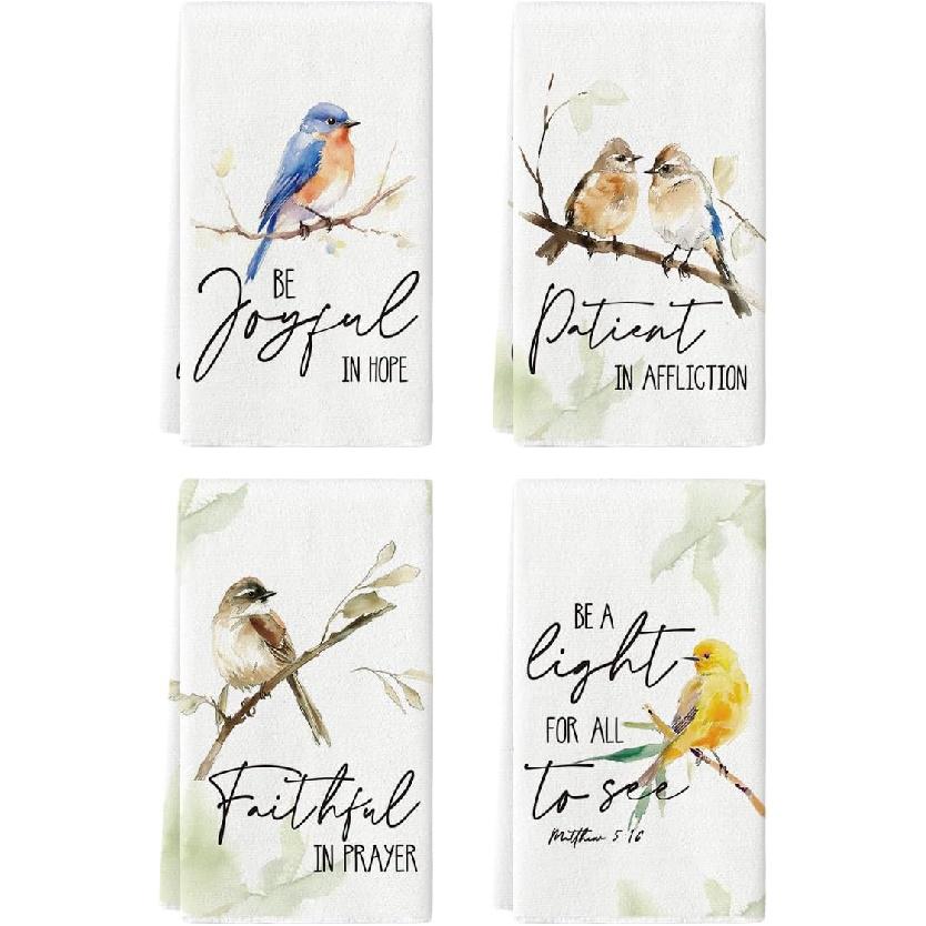 Artoid Mode Floral Leaves Branch Bird Kitchen Towels Dish Towels, 18x26 Inch Seasonal Summer Decoration Hand Towels Set of 4
