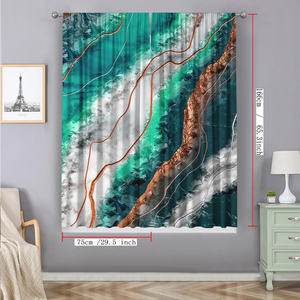 2PC Home Decoration Curtains With Green Marble Background And Pole Pocket Curtains, Kitchen, Coffee Shop, Living Room, Balcony