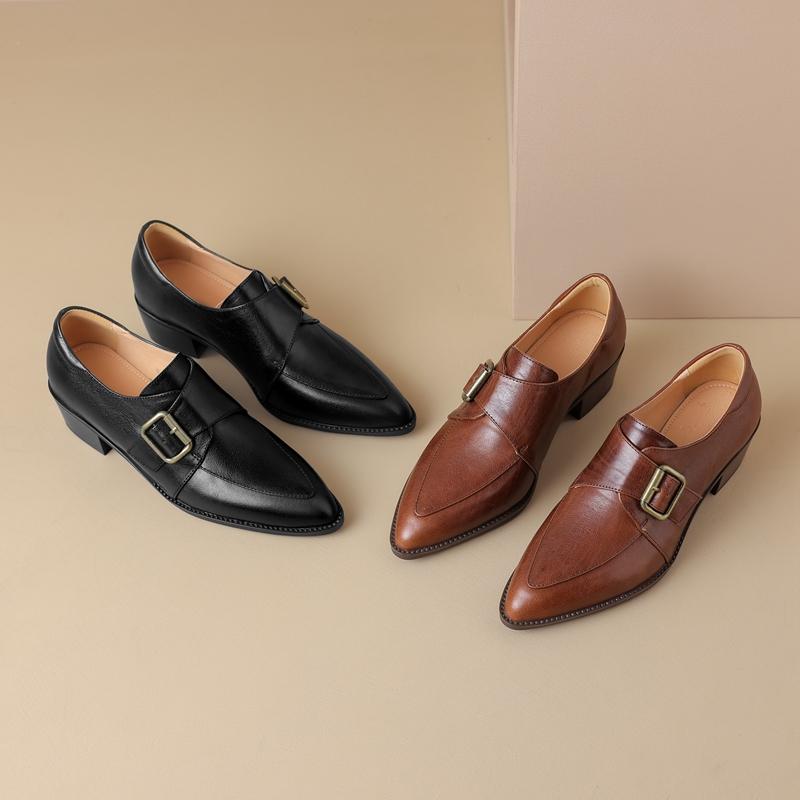 Fashion Women's New Pointed Retro Metal Belt Buckle with Genuine Leather Cowhide Mid Heel Large Oxford Single Shoes