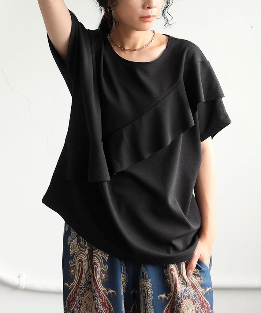 Antiqua Women's Ruffled Top, Short Sleeve, Solid Color, AJ-01785 F 05, Black