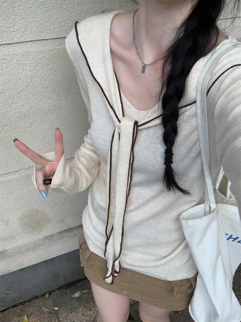 Navy Collar Short Top Women's Spring and Autumn New Long-sleeved Outer Design Shawl Niche Knitted Sweater