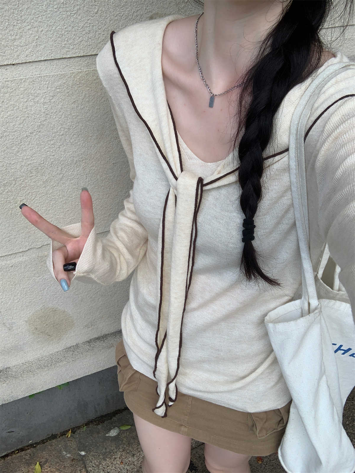 

Navy collar short top women s spring and autumn new long-sleeved outer design shawl niche knitted sweater L абрикосовий