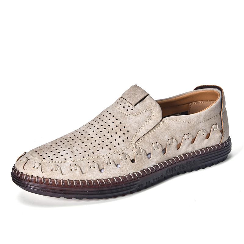 Men's Genuine Leather Casual Shoes Slip On Hollow Shoes Summer Large Size 39-48