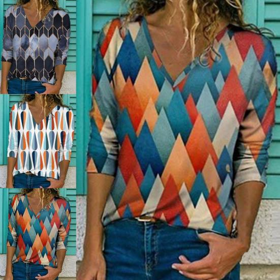 

Женская блузка с 3D-геометрическим принтом и тонким V-образным вырезом, свободная с длинным рукавом