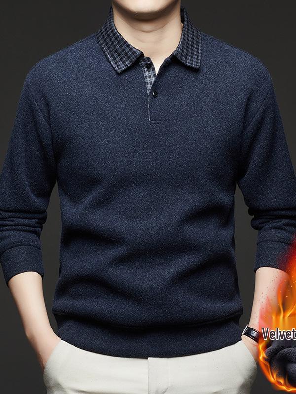 2025 Fall/Winter Men's Faux Two-Piece Sweater - Plus Velvet, Solid Color, Warm Knit Base Layer for Middle-Aged Dads