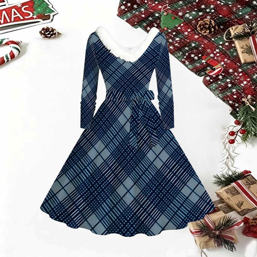 Women Floral Print Midi Dress, Long Sleeve V‑Neck Furry Trim A‑Line Party Dress, Christmas Limited Edition