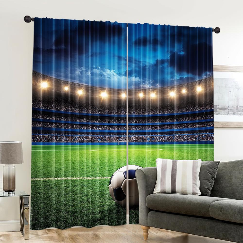 Blackout Flat Window Curtains Football Stadium Night Fans Cheering Green Field Polyester Festive Wall Decor Curtain Set Of 2 Made Washable