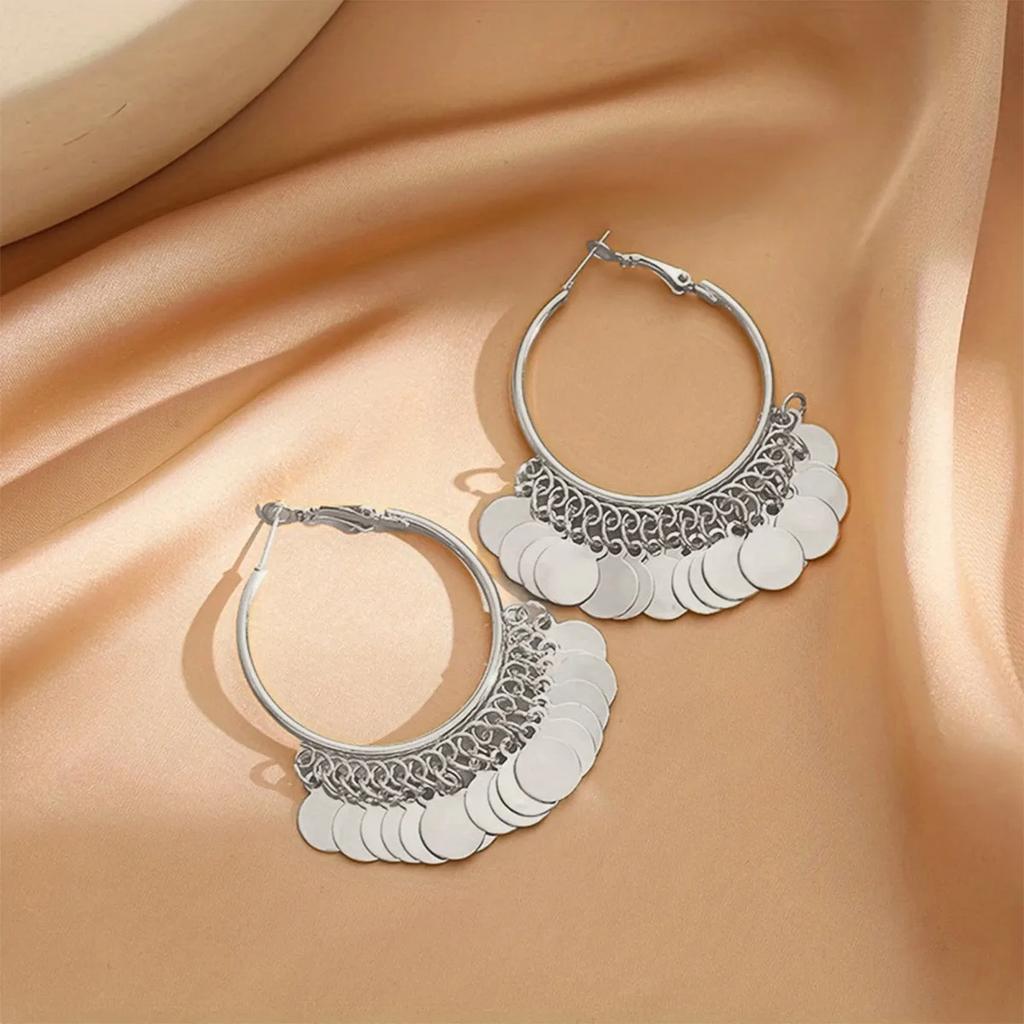 Vintage Bohemian-Style Large Hoop Earrings With Disc Pendants. These Sequined Earrings Are Stylish Geometric Round Pen